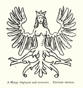 Harpyje zobrazena a korunována, německá verze (rytina) od English School