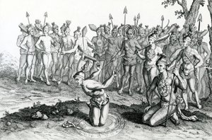 Král Floridy, který se radil se svým kouzelníkem předtím, než šel do bitvy, ilustrace převzata z Moores Voyages and Travels, 1778 od English School