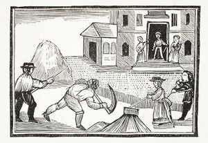 Muž kosící trávu kosou, který zabral vše před tím, ilustrace z Chap-books of the Eighteenth Century od Johna Ashtona, hospoda. 1882 od English School