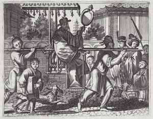 Mandarin in a Sedan Chair, ilustrace z popisu velvyslanectví v Číně, 1690 od English School