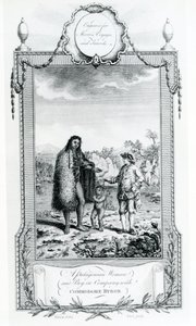 Patagonská žena a chlapec ve společnosti komodora Byrona, ilustrace převzata z Moores Voyages and Travels, 1778 od English School