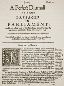 A Perfect Diurnall, faksimile titulní strany čísla 26 z roku 1643, ilustrace z Cassells Illustrated History of England (sépiová fotografie) od English School