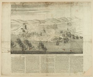 Perspektivní návrh města, přístavu a pevností Carthagena v roce 1739, vydaný 1741 (čárová rytina) od English School