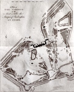 Plán zahrad nejvznešenějšího markýze z Buckinghamu ve Stowe z Návštěvnického průvodce, vydaného v roce 1797 (viz 140582 dřívější plán Charlese Bridgemanse) od English School