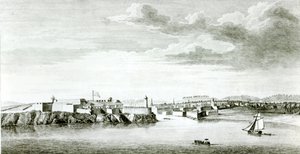 Vyhlídka na hrad Moro a město Havana z moře, vyryté Pierrem Charlesem Canotem z kresby důstojníka britského námořnictva, 1818 od English School
