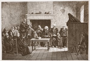 Protestantský pastor promlouvá k tajnému shromáždění hugenotů, ilustrace z Historie protestantismu od Jamese Aitkena Wylie (1808-1890), hospoda. 1878 od English School