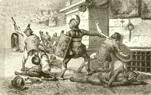 Římský svátek. Boj gladiátorů. The Vanquished apelující na diváky od English School