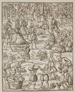 Královský piknik, talíř z Noble Art of Venerie and Hunting od George Turberville, 1575 (sépiová fotografie) od English School