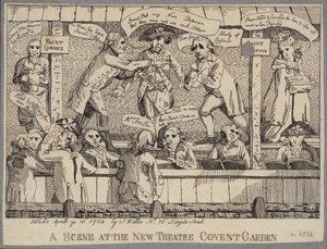 Scéna v Novém divadle v Covent Garden: satira zobrazující politické předvolební shromáždění v Covent Garden, Londýn od English School
