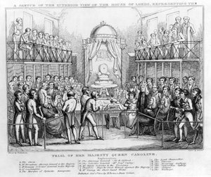 Náčrt interiéru Pohled na Sněmovnu lordů, představující Proces s Jejím Veličenstvom královnou Caroline, hospoda. 1820 (č/b rytina) od English School