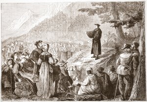 Švýcarský reformátor káže svému stádu na otevřeném poli, ilustrace z Historie protestantismu od Jamese Aitkena Wylie (1808-1890), pub. 1878 od English School