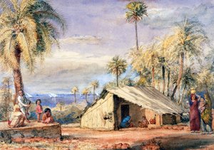 Toddy-Drawers Hut v Grove of Date Palms, Bombayské předsednictví, Indie (wc na papíře) od English School