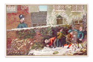 Viktoriánské vánoční přání chlapců, kteří se schovávají za cihlovou zdí a házejí sněhovou kouli na policistu, kolem roku 1880 (barva litho) od English School