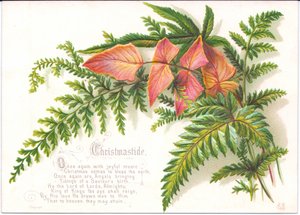 Viktoriánské vánoční přání se sprškou kapradí, kolem roku 1880 od English School