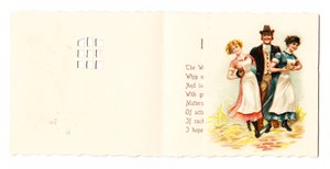 Viktoriánské blahopřání gentlemana se dvěma služebnými, kolem roku 1880 od English School