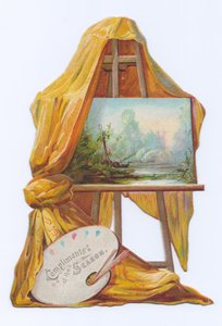Viktoriánská vystřihovánka obrazu na malířském stojanu se závěsem, cca 1880 (barevná litografie) od English School