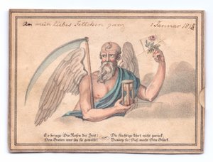 Viktoriánské přání ponuré s kosou a přesýpacími hodinami s růží, kolem roku 1815 (barva litho) od English School