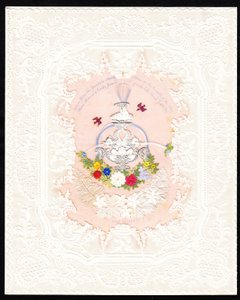 Viktoriánské papírové valentýnské přáníčko z krajky s fontánou a květinami, cca 1870 (barevná litografie) od English School