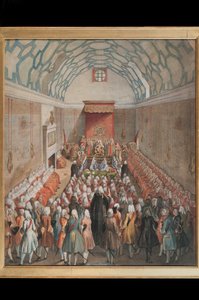 Pohled na Sněmovnu lordů, vyrytý Benjamin Cole (fl.1748-75) c.1755 (ručně kolorovaná rytina) od English School