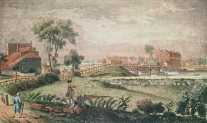 Západní pohled na Chelsea Bridge, 1761 (barevná rytina) od English School