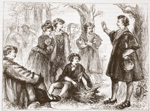 A Wittemberg Student Preaching in Lime-Tree Meadow, ilustrace z Historie protestantismu od Jamese Aitkena Wylie (1808-1890), pub. 1878 od English School