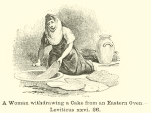 Žena vytahující dort z východní trouby, Leviticus, xxvi, 26 od English School