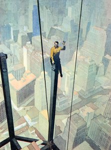 Dělník na závratné vyhlídce vysoko nad New Yorkem (barevná litografie) od English School
