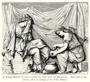 Eine junge verheiratete Frau bedeckt ihr Gesicht mit dem Flammeum (Basrelief im Louvre) von English School