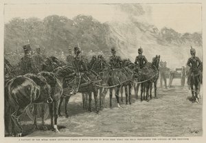 Baterie Royal Horse Artillery střílející královský pozdrav v Hyde Parku, když zvony oznamovaly otevření Imperial Institute od English School