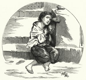 Chlapec žebrající ve sněhu (litho) od English School