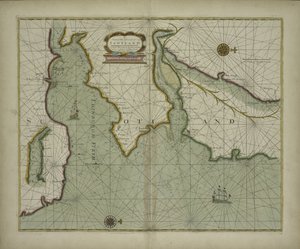 Mapa východního pobřeží Skotska z námořního atlasu obsahujícího hydrografický popis většiny mořských pobřeží známých částí světa od Samuela Thorntona, 1707 (ručně kolorovaný tisk) od English School