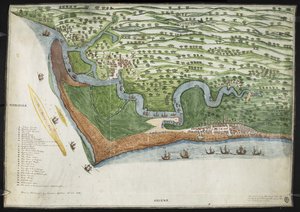 Barevná faksimile kopie pohledu z ptačí perspektivy nebo mapy pobřeží Suffolku od Aldertonu po Aldborough, včetně Orford Ness (vellum) od English School