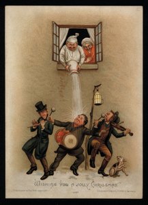 Ein Paar lehnt Weihnachtsliedersänger vor ihrem Fenster ab, Weihnachtsgrußkarte von English School