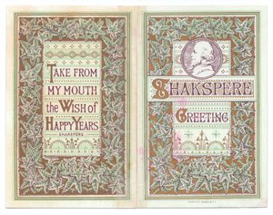 Přední a zadní obálka viktoriánské blahopřání s obrazem Williama Shakespeara, kolem roku 1880 (barevné lito) od English School