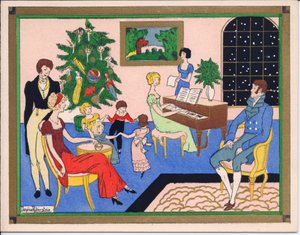 Ručně kolorované francouzské vánoční přání Pochoir z vánočního večírku rodiny Regency s tancem a hudební zábavou, kolem roku 1920 od English School