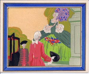 Ručně kolorovaná francouzská pohlednice Pochoir, na níž muž s vousy a lokaj čekají na nastoupení velké dámy do kočáru, kolem roku 1920 (šablona) od English School