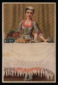 Pokojská nebo obsluhující dívka, kterým se stůl s jídlem, blahopřání. (chromolitho) od English School