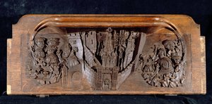 Misericord zobrazující opevněné město s bránou s vyvýšenou padací mříží, New College Chapel, Oxford, konec 14. století (dřevo)