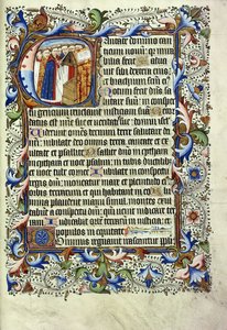 Stránka ze žaltáře v latině s historickou iniciálou zobrazující skupinu mnichů stojících před řečnickým zpěvem, kolem roku 1455 od English School