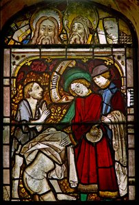 Panel ve východním okně zobrazující Works of Mercy: oblečení nahých: také některé jemné resetované hlavy od English School