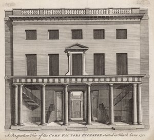 Perspektivní pohled na Corn Factors Exchange, postavený v Mark Lane 1751 od English School
