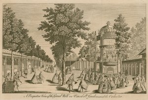 Perspektivní pohled na Grand Walk ve Vauxhall Gardens, Londýn a The Orchestra od English School