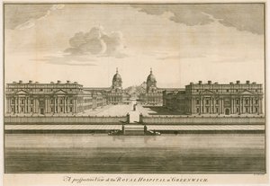Perspektivní pohled na Královskou nemocnici v Greenwichi, Londýn od English School