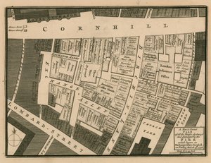 Plán domů zničených při požáru, který začal v Exchange Alley, Cornhill, Londýn, 25. března 1748 od English School