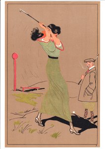 Tisk dvou golfistů v komických a vtipných polohách, kolem roku 1920 od English School