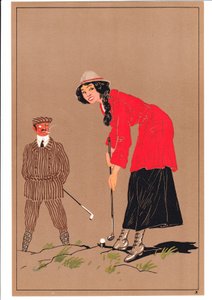 Tisk dvou golfistů v komických a vtipných polohách, kolem roku 1920 od English School
