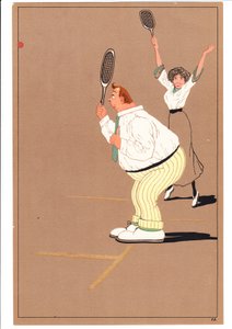 Tisk dvou tenistů v komických a vtipných polohách, kolem roku 1920 od English School