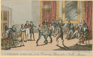 Ein privater Auftritt im Salon eines edlen Marquis (farbiger Stich) von English School