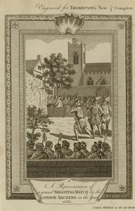 Znázornění velkého střeleckého zápasu londýnských lukostřelců v roce 1583 od English School
