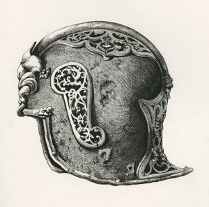 Sallet, alias salade nebo schaller válečná helma, 1450 n. l., z knihy The British Army: Its Origins, Progress and Equipment, vydané v roce 1868. od English School